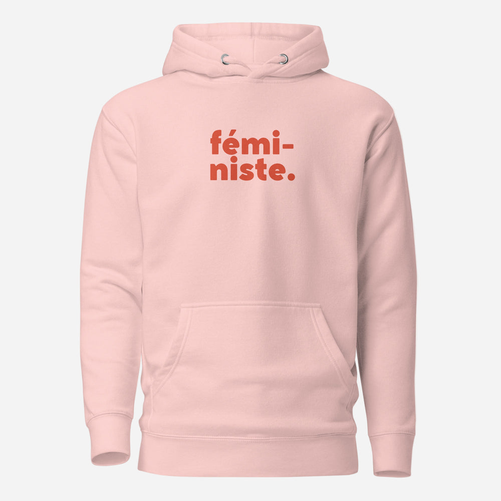 Light Pink hoodie, front view, with red stacked 'fémi-niste.' lettering.