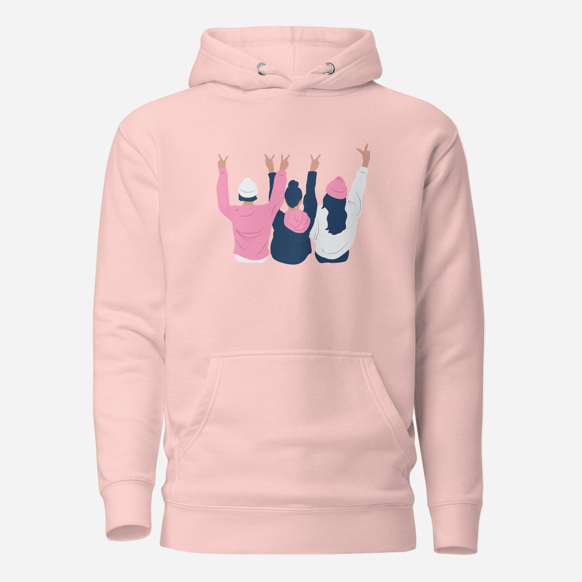 Light Pink hoodie, front view with an illustration of three figures raising peace signs.