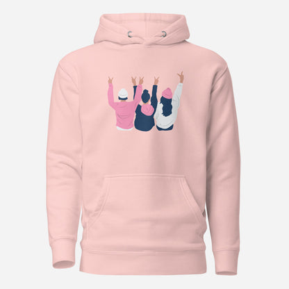Light Pink hoodie, front view with an illustration of three figures raising peace signs.