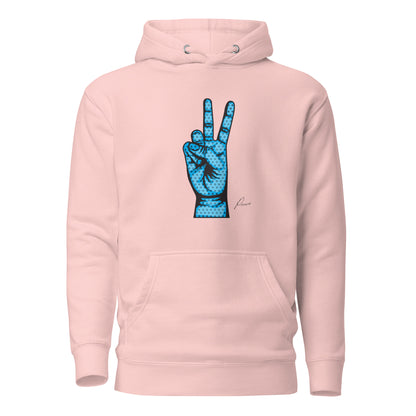 Light Pink hoodie, front view, with an illustrated blue hand making a peace sign.