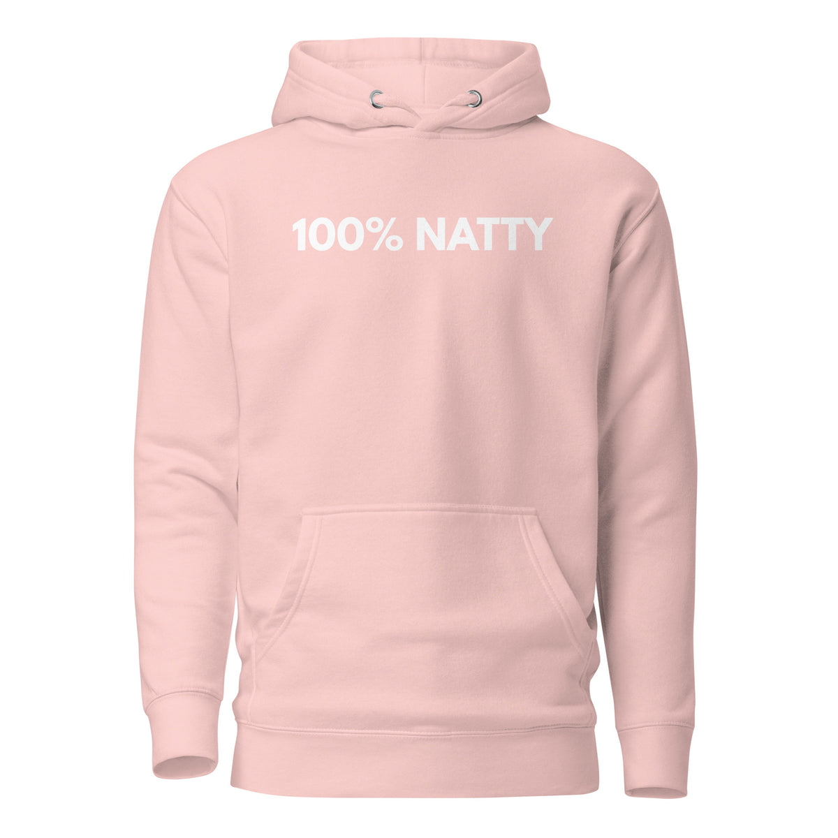 Light Pink hoodie with white 100% Natty lettering, front view.