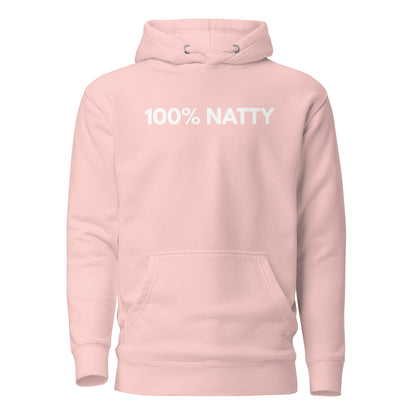 Light Pink hoodie with white 100% Natty lettering, front view.