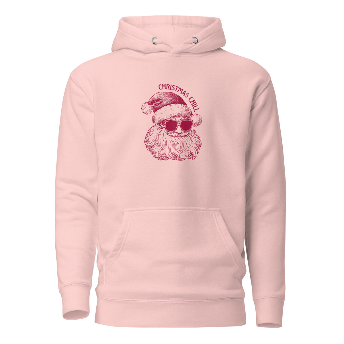 Light Pink hoodie, front view with a burgundy Santa face wearing sunglasses and "Christmas Chill" lettering.