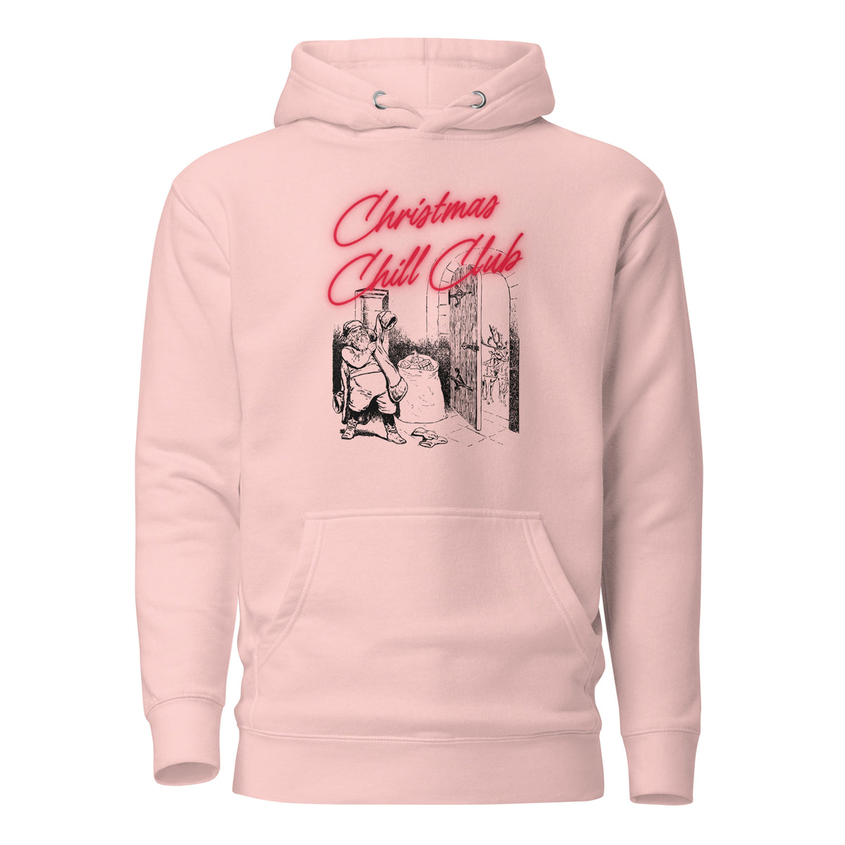 Light Pink hoodie, front view with a black-and-white Santa illustration and red "Christmas Chill Club" script.