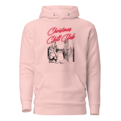 Light Pink hoodie, front view with a black-and-white Santa illustration and red "Christmas Chill Club" script.
