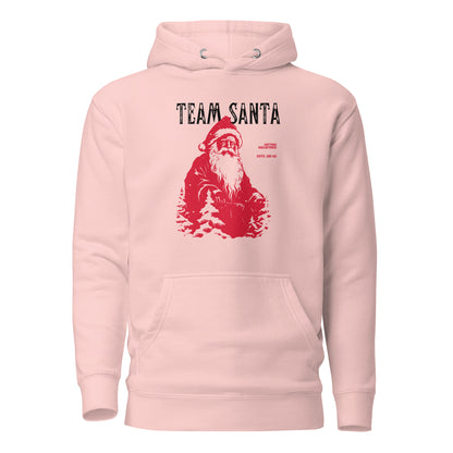 Light Pink hoodie, front view with a red Santa illustration and black "Team Santa" lettering.