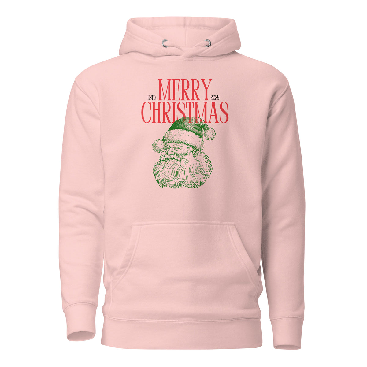 Light Pink hoodie with red Merry Christmas 2025 text and green Santa face, front view.