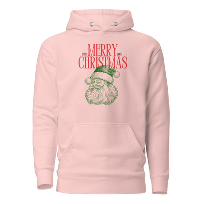 Light Pink hoodie with red Merry Christmas 2025 text and green Santa face, front view.