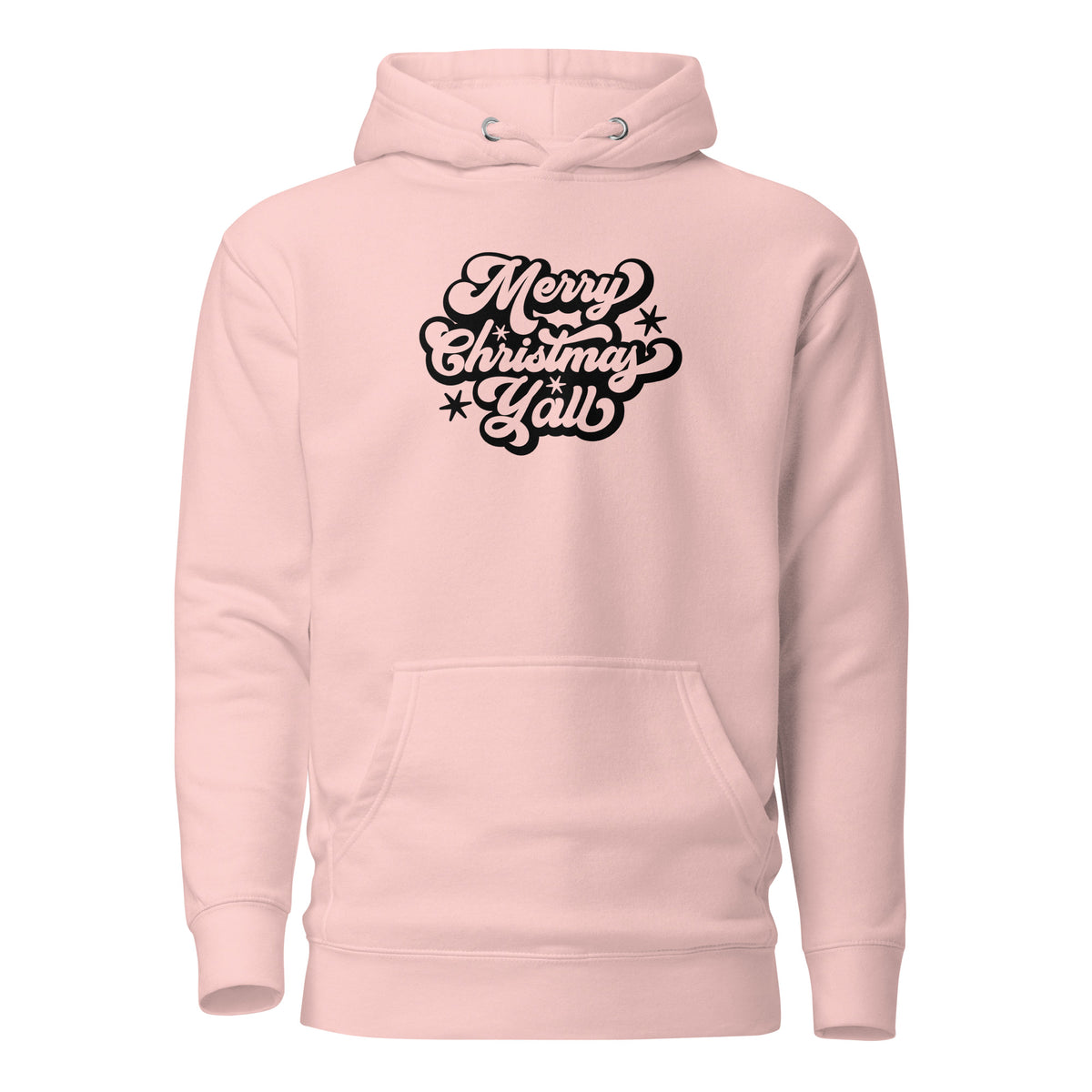 Light Pink hoodie with black Merry Christmas Y'all script lettering, front view.
