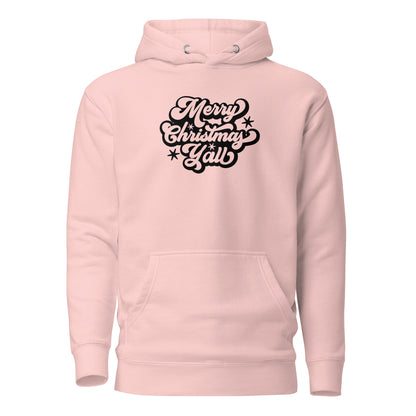 Light Pink hoodie with black Merry Christmas Y'all script lettering, front view.