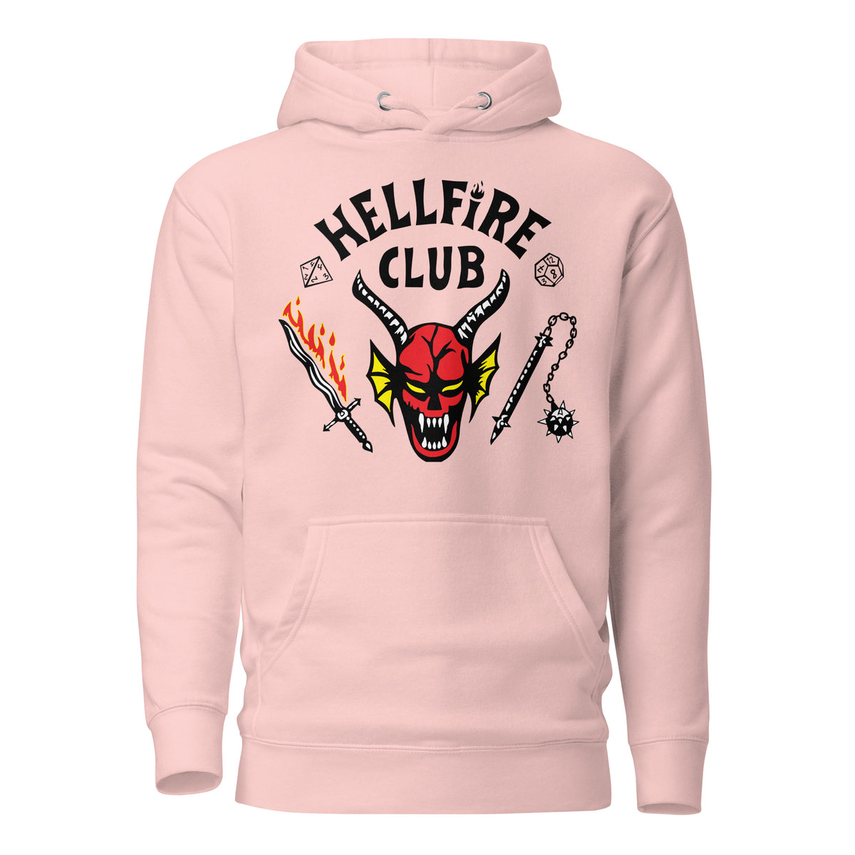 Light Pink hoodie, front view with Hellfire Club lettering and a red horned-face graphic.