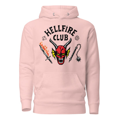 Light Pink hoodie, front view with Hellfire Club lettering and a red horned-face graphic.