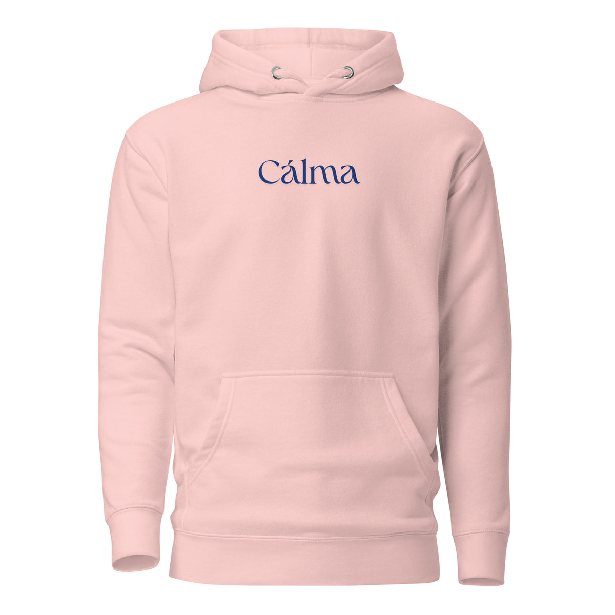 Light Pink hoodie with blue Calma lettering, front view.