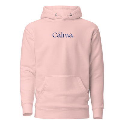 Light Pink hoodie with blue Calma lettering, front view.