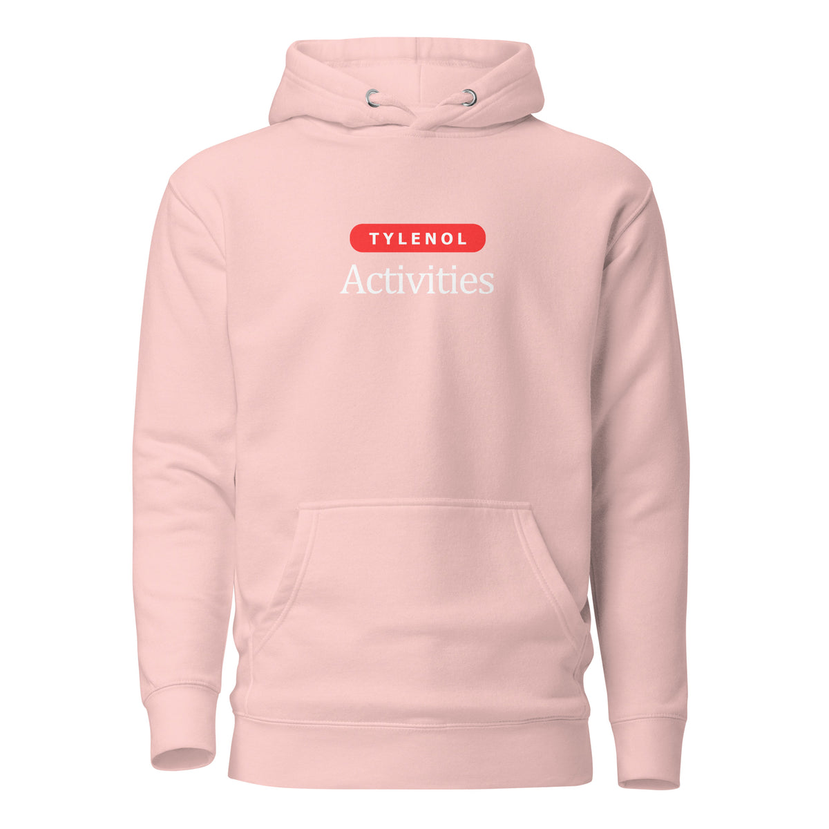 Light Pink hoodie with white Tylenol Activities lettering and a red capsule shape, front view.