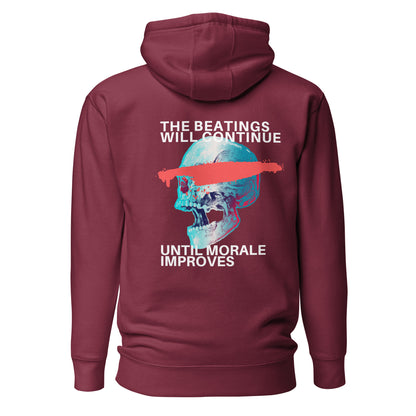 Maroon hoodie with a blue skull, red bar and The Beatings Will Continue text, back view.