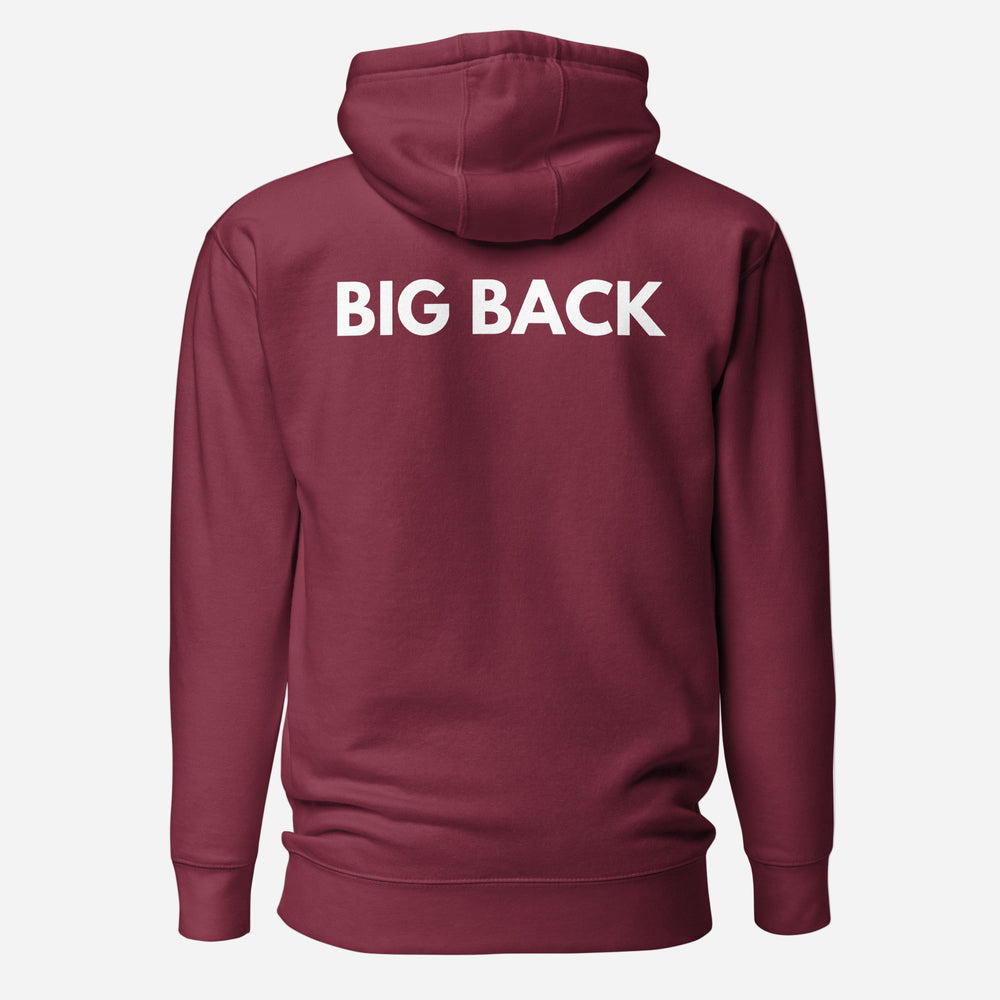 Maroon hoodie with white Big Back lettering, back view.