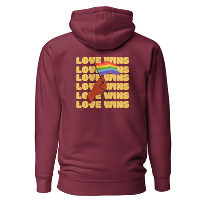Maroon hoodie, back view with a hand waving a rainbow flag over yellow "Love Wins" lettering.