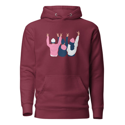 Maroon hoodie, front view with an illustration of three figures raising peace signs.