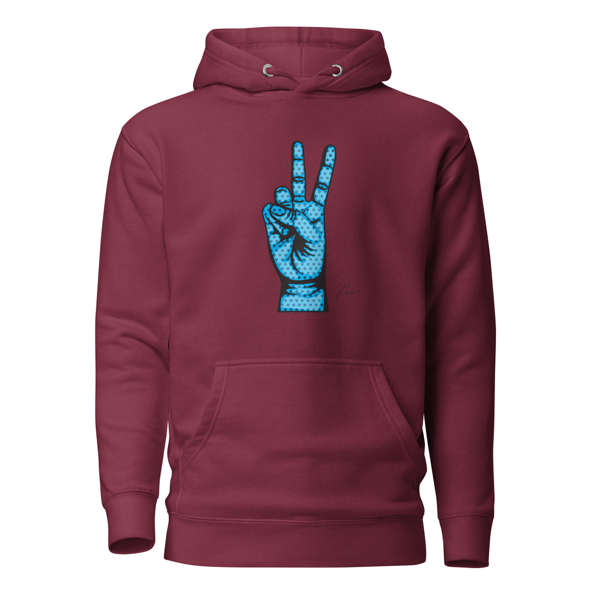 Maroon hoodie, front view, with an illustrated blue hand making a peace sign.
