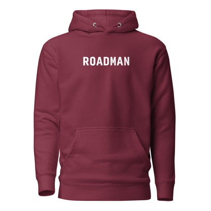 Maroon hoodie, front view with white "ROADMAN" lettering.