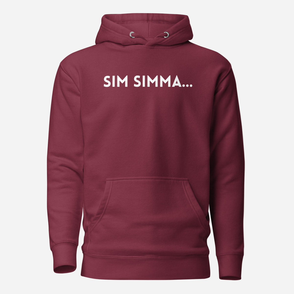 Maroon hoodie, front view, with white 'SIM SIMMA...' lettering.