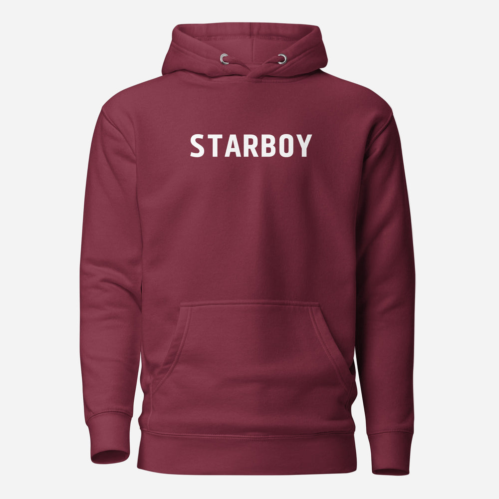 Maroon hoodie, front view, with white 'STARBOY' lettering.