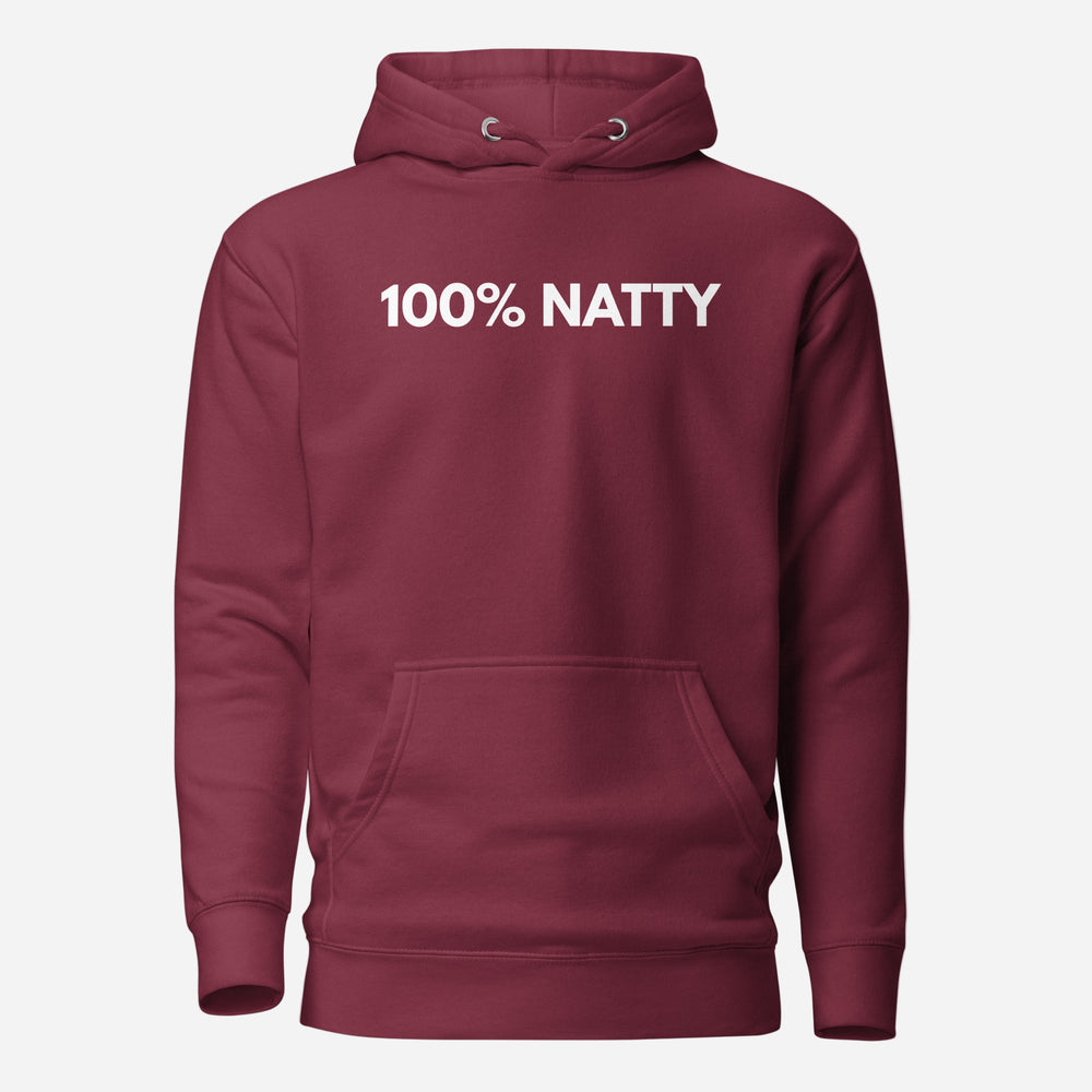 Maroon hoodie with white 100% Natty lettering, front view.