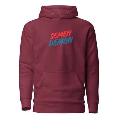 Maroon hoodie with red and blue Semen Demon lettering, front view.