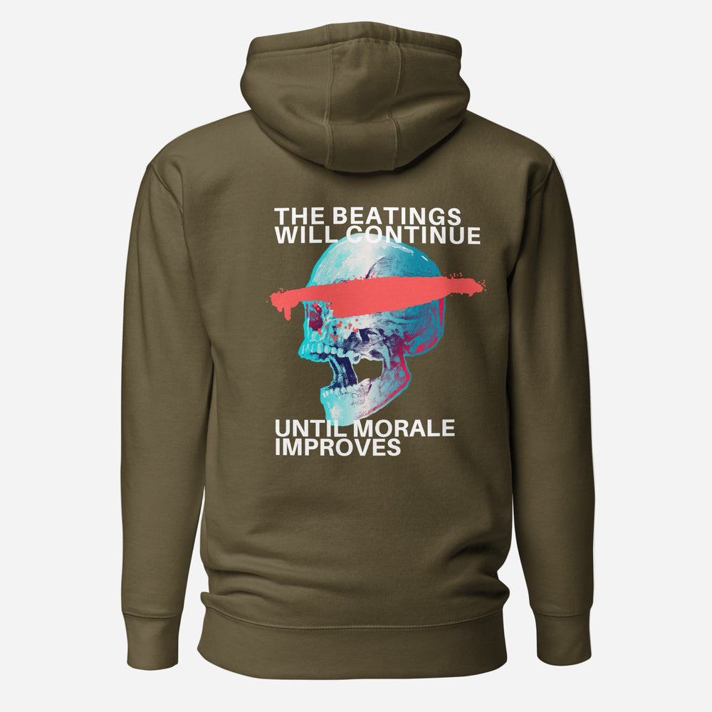 Military Green hoodie with a blue skull, red bar and The Beatings Will Continue text, back view.