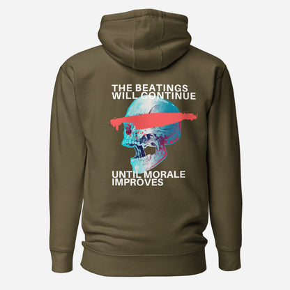 Military Green hoodie with a blue skull, red bar and The Beatings Will Continue text, back view.
