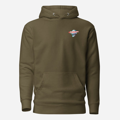 Military Green hoodie with a small blue skull graphic with red bar, front view.