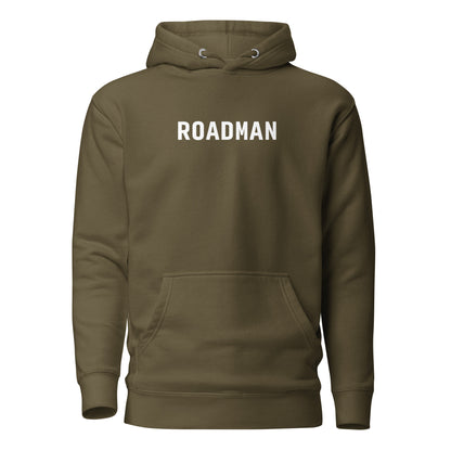 Military Green hoodie, front view with white "ROADMAN" lettering.