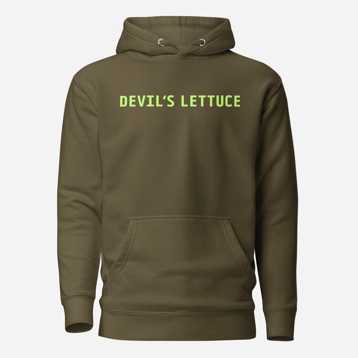 Military Green hoodie, front view, with lime-green 'DEVIL'S LETTUCE' lettering.