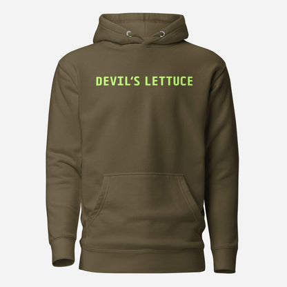 Military Green hoodie, front view, with lime-green 'DEVIL'S LETTUCE' lettering.