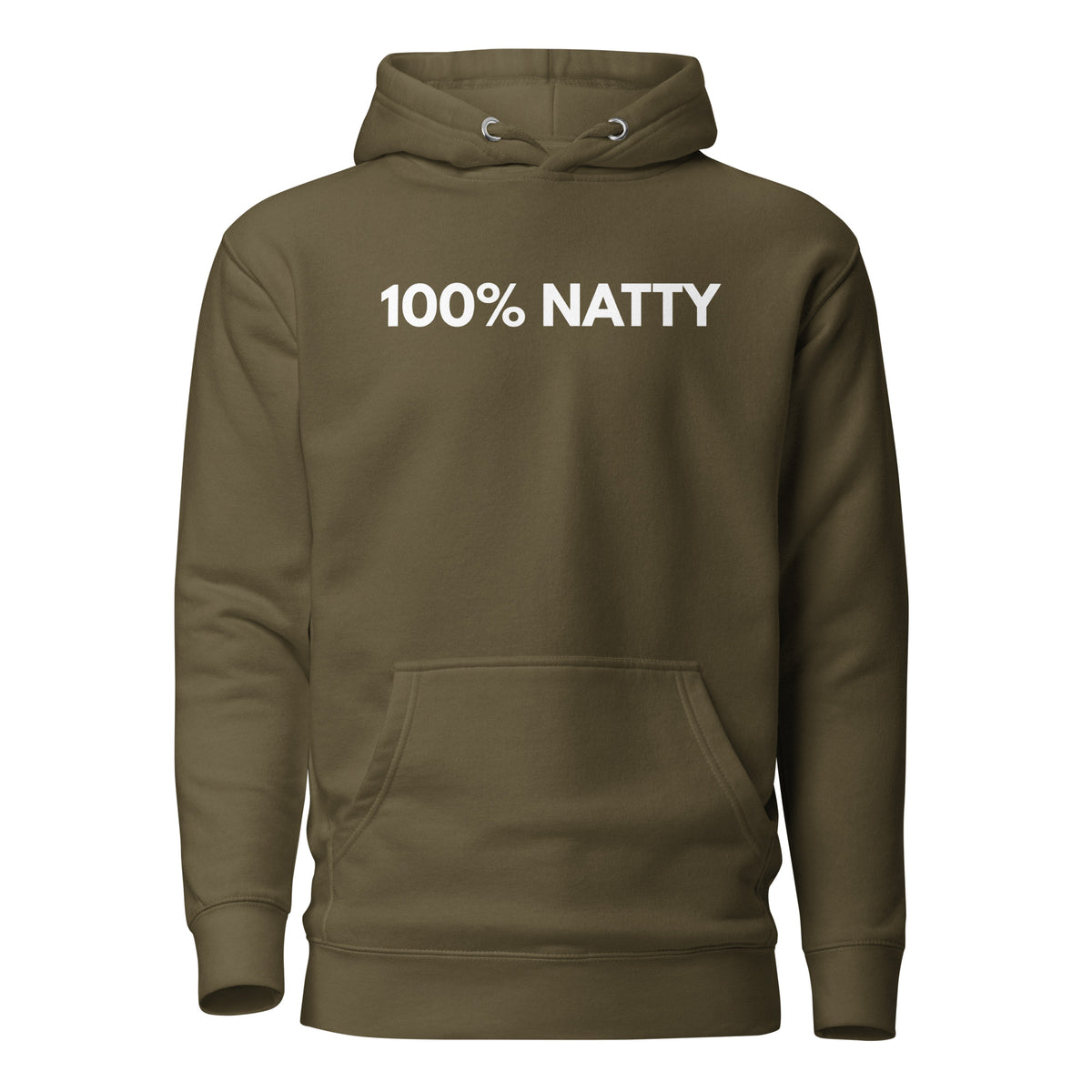 Military Green hoodie with white 100% Natty lettering, front view.