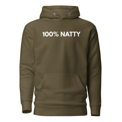 Military Green hoodie with white 100% Natty lettering, front view.