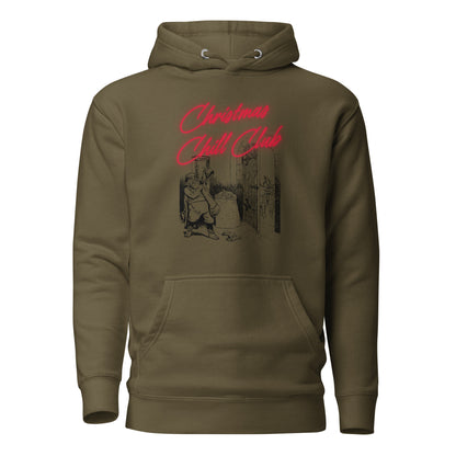 Military Green hoodie, front view with a black-and-white Santa illustration and red "Christmas Chill Club" script.