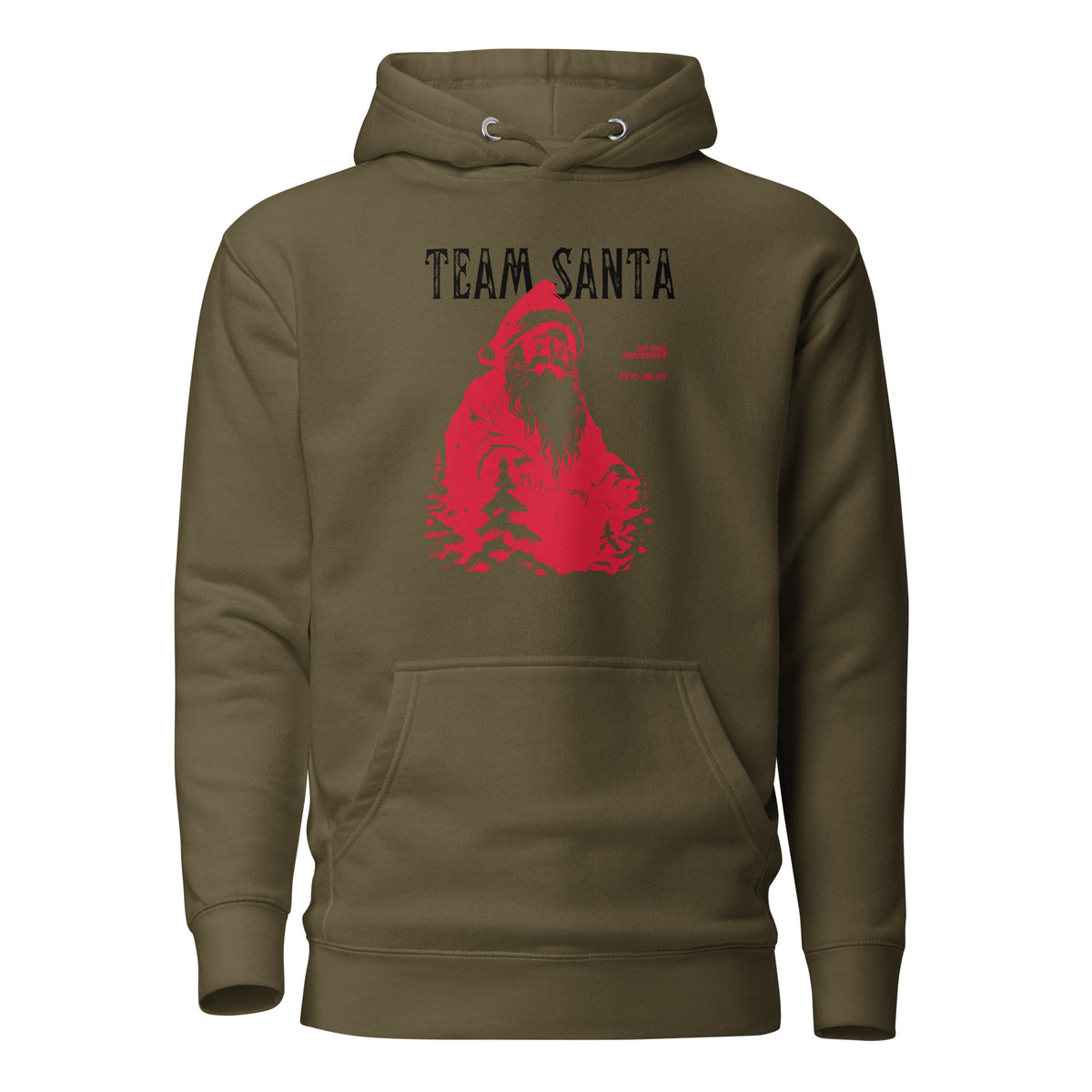 Military Green hoodie, front view with a red Santa illustration and black "Team Santa" lettering.