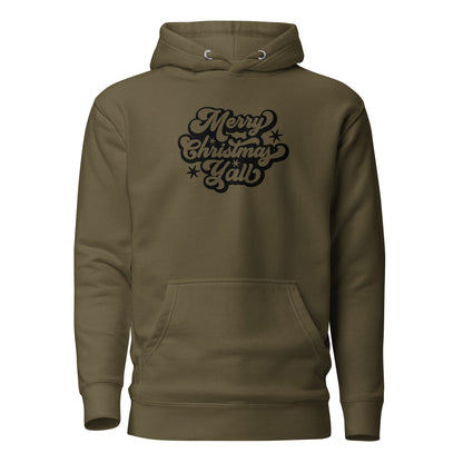 Military Green hoodie with black Merry Christmas Y'all script lettering, front view.