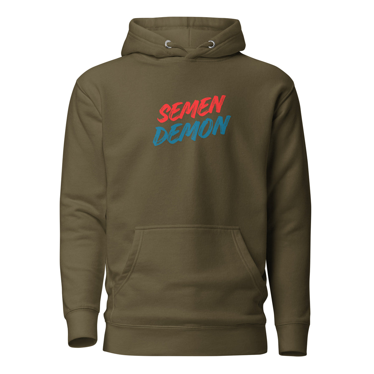 Military Green hoodie with red and blue Semen Demon lettering, front view.