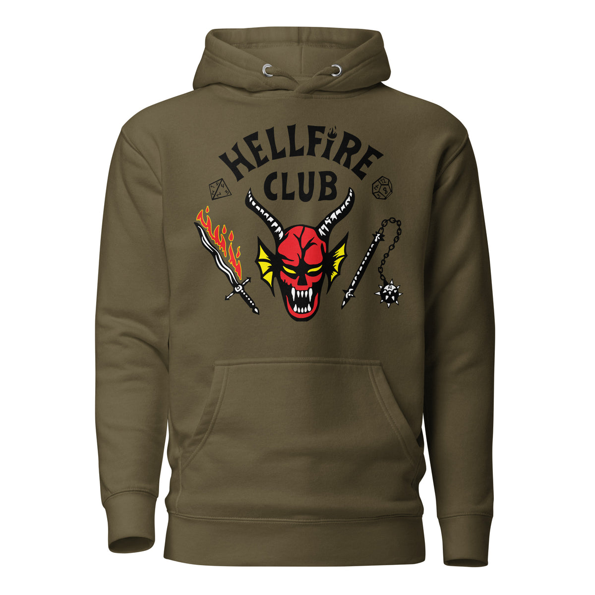 Military Green hoodie, front view with Hellfire Club lettering and a red horned-face graphic.