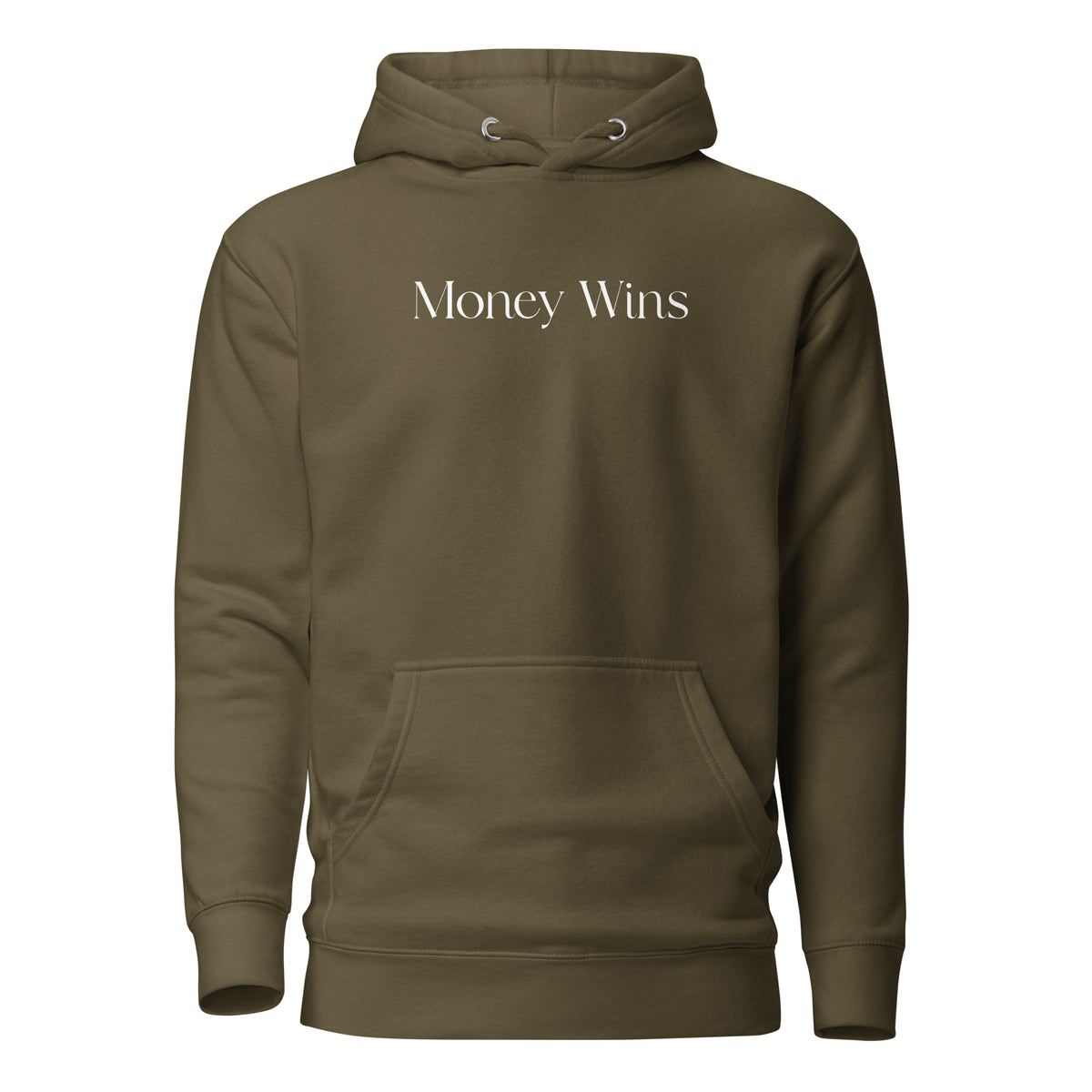 Military Green hoodie with white Money Wins lettering, front view.
