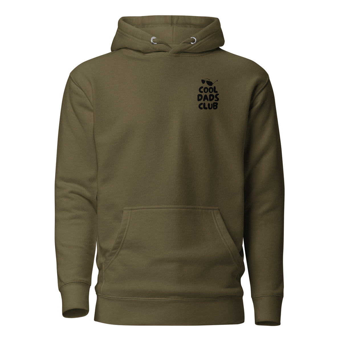 Military Green hoodie with small black Cool Dads Club chest lettering, front view.
