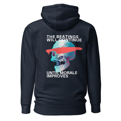 Navy Blazer hoodie with a blue skull, red bar and The Beatings Will Continue text, back view.