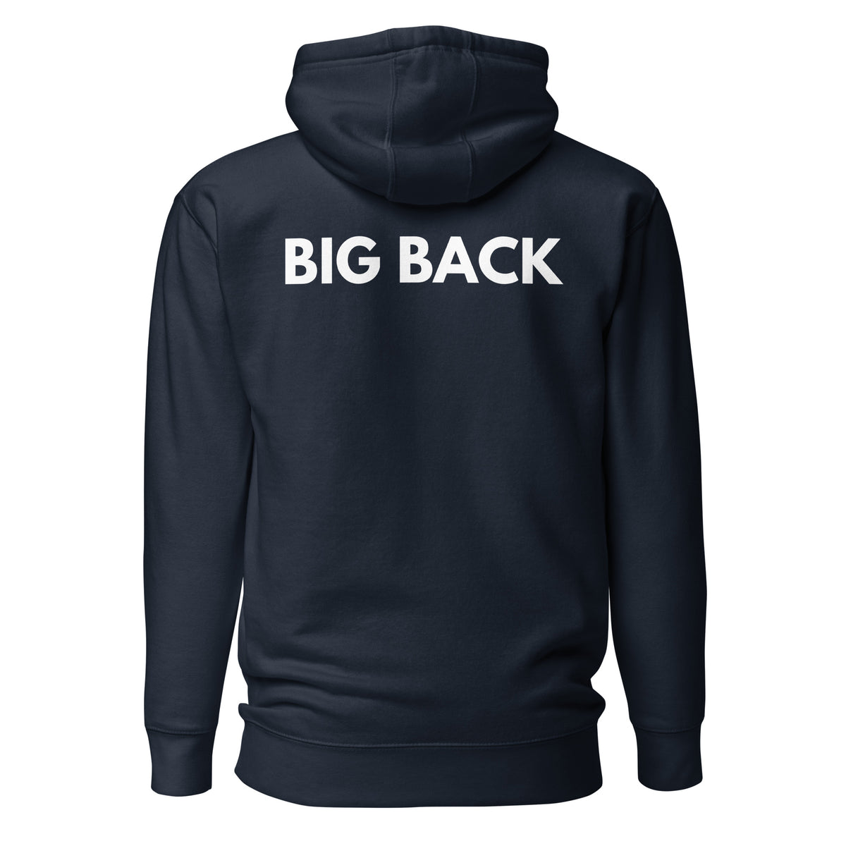Navy Blazer hoodie with white Big Back lettering, back view.