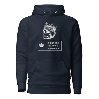 Navy Blazer hoodie with a crowned skull and There Are No Kings in America text, front view.