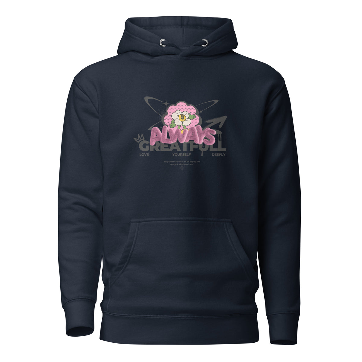 Navy Blazer hoodie, front view, with a smiling pink flower and 'Always Grateful' lettering.