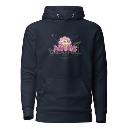 Navy Blazer hoodie, front view, with a smiling pink flower and 'Always Grateful' lettering.