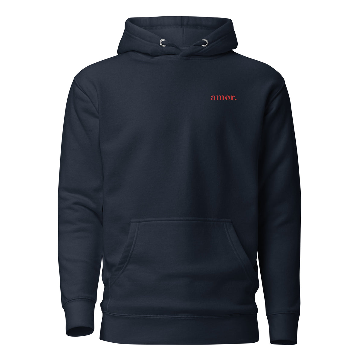 Navy Blazer hoodie with small red amor chest lettering, front view.